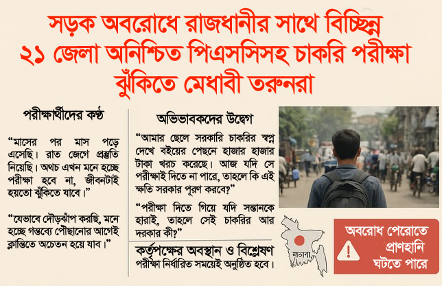 সড়ক অবরোধে বিচ্ছিন্ন ২১ জেলা, অনিশ্চিত চাকরি প্রর্থীদের পরীক্ষা